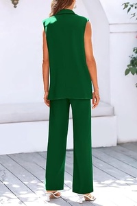 Women Sleeveless <b>Blazer</b> <b>Set</b> Solid Green Woven Fabric Notched Collar Two Piece Suit Formal All Seasons Regular Fit - Product Image 2