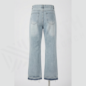 Jean en denim évasé taille haute pour homme, délavage clair, coton, style décontracté printemps, ourlet déchiré, coupe droite, effet stonewashed - Product Image 3