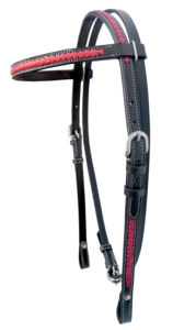 Cabezada para caballo estilo western ajustable, trenzada a mano, de cuero genuino, con frenteal de cuero crudo rojo y cuero negro 519 - Product Image 4