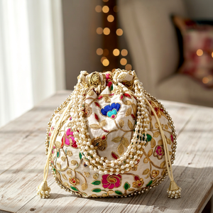 Handmade <b>Cream</b> Embroidered Potli Purse With Pearl Trim For Wedding Decoration - Product Image 6