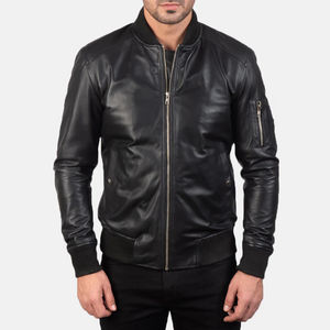 <b>Black</b> Leather Bomber Jacket for <b>Men</b> Women Premium <b>Real</b> Leather Winter Casual Streetwear Fashion Custom Logo Stand Collar Front - Product Image 3
