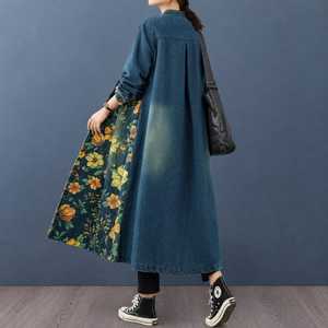 Solid Denim Long <b>Coat</b> Women Mandarin Collar Oversized a Line Mid Length Casual Jacket Colored Wash Breathable Winter - Product Image 3