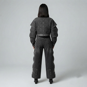 Ensemble veste et pantalon en jean noir avec croix en strass personnalisée, collection de vêtements streetwear tendance, design unisexe et confortable par SHY - Product Image 4