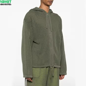 Veste décontractée à capuche en maille ouverte et ensemble streetwear léger en maille respirante, sweat à capuche tricoté décontracté d'été avec poches - Product Image 2