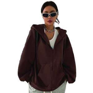 Sudadera con capucha marrón extragrande con cremallera para mujer, de hombros caídos, de forro polar, anti-bolitas, transpirable. - Product Image 1