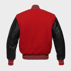 Chaqueta Bomber Varsity de Lana Roja con Mangas de Cuero Negro - Product Image 2