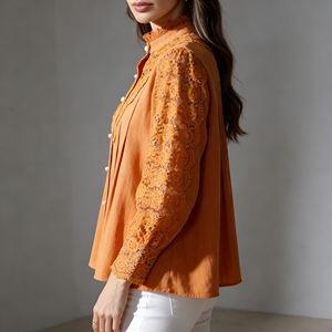 Oferta especial en Temu |   Blusa elegante de encaje naranja para mujer, con cuello alto, manga larga, informal, con botones - Product Image 2