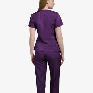 Conjunto de uniforme médico para mujer, color morado, con blusa de cuello en V y pantalones de poliéster tejido, para personal sanitario. - Product Image 4