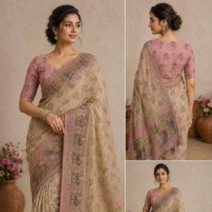 Elegant Women's Pure Soft Linen Cotton Silk <b>Saree</b> Khatli Kut Dana Handwork Designer <b>Blouse</b> Royal Export Wedding Summer Winter - Product Image 3
