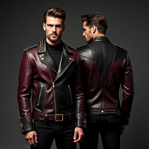 Chaqueta de Motociclista de Cuero PU para Hombre, Color Granate y Negro, Cierre de Cremallera, Solapa con Remaches, Cinturón, Cuello Camisero, Corte Ajustado, Estilo Otoñal - Product Image 4
