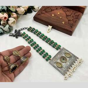 Conjunto de collar étnico tradicional para mujer, aleación chapada en 2 tonos, piedra de Pota, acabado dorado y plateado para bodas - Product Image 1