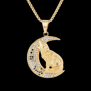 Collar con Colgante de Lobo Uluglialtezando en la Luna, Personalizado |   Colgante de Lobo en Plata de Ley 925 Chapado en Oro con Circonitas |   Joyería de Animales Estilo Hip Hop - Product Image 3