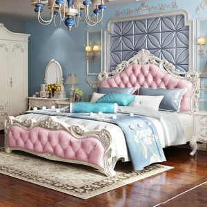 European Classic Luxury Gold Carved Wedding <b>Bed</b> Royal PU Leather Tufted King Size <b>Bed</b> Elegant Villa Bedroom Furniture - Product Image 4