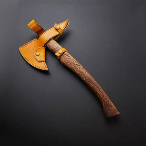 ขวานเหล็กดามัสกัสพร้อมด้ามไม้แกะสลักด้วยมือและปลอกหนัง - Product Image 3