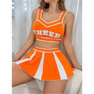 Nouvel ensemble d'uniformes de cheerleading OEM orange et blanc, style jupe imprimée CHEER pour adolescentes, en Spandex/Polyester, tenue d'entraînement en stock - Product Image 3