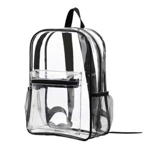 Transparent Red PVC <b>Backpack</b> With Mesh Pockets Zipper Closure Casual Style Unisex School Bag - Product Image 3