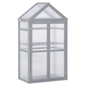 Piccola serra in legno per orto domestico 32 x 19 x 54, fioriera da esterno con ripiani regolabili e doppie porte, grigia - Product Image 1