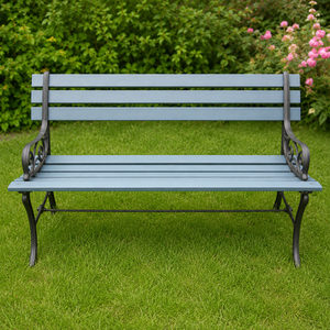 Blue Gray Wooden Garden <b>Bench</b> Dark <b>Metal</b> Scroll Arm Outdoor Patio Lawn Park Seating Decorative Furniture Premium Style - Product Image 1