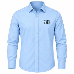 Chemise habillée unie à manches longues pour homme, col rabattu, 100 % coton popeline, infroissable, logo frontal imprimé par transfert thermique, formelle - Product Image 1