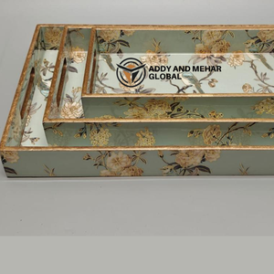 ชุดถาดเสิร์ฟลายเรขาคณิตสีเขียว 3 ชิ้น ทำจาก MDF และกระดาษ ถาดซ้อนกันได้ สำหรับตกแต่งบ้านและเสิร์ฟอาหารอย่างมีสไตล์ - Product Image 2