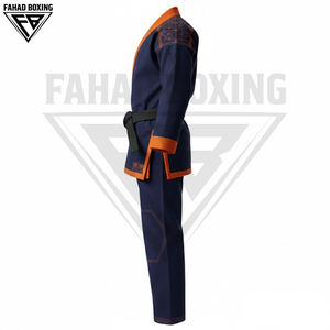 Buen Proveedor, Uniforme de Karate y Artes Marciales Personalizado en Color Azul Marino con Ribete Naranja de Seguridad, Impreso en Poliéster y Algodón - Product Image 3