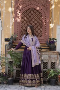 Georgette Zari Gown <b>Flared</b> Maxi <b>Sequin</b> Gold Crush Lace Dupatta Heart Neck Stitched Women Two Piece Festive Salwar Suit Set - Product Image 5