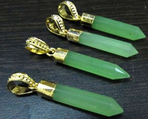 Green Chalcedony Gemstone Pendant 30-40mm Gold Electroplated Pencil Shape Pointed Charms - Product Image 4