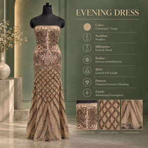 Robe de sirène ornée |   Robe de soirée longue sans bretelles avec motif géométrique à sequins et jupe évasée superposée pour les événements - Product Image 5