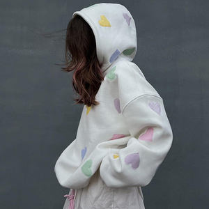 Women's <b>White</b> Oversized Hoodie Embroidered Colorful Hearts Letter Drop Shoulder Long Sleeve Fleece <b>Sweatshirt</b> 100% Organic - Product Image 3