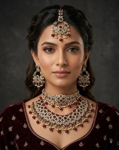 Traditional Ethnic Dual Bridal <b>Set</b> Heavy CZ Studded Choker & Necklace Combo With Matching Chadbali Earrings & Mangtika Wholesale - Product Image 1