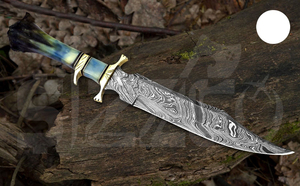 Couteau Bowie en acier Damas fait main sur mesure avec manche en os de chameau coloré et étui en cuir, idéal pour la chasse, le camping, cadeau OEM idéal pour lui - Product Image 3
