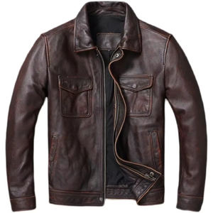 Men's Winter Genuine Leather Vintage Brown Red Canvas Jacket 100% Natural Leather Waterproof Breathable - Product Image 5