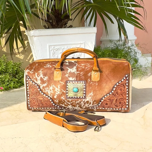 กระเป๋าดัฟเฟิลกระเป๋าเดินทางหนังวัวพร้อมอุปกรณ์สำหรับเดินทางกระเป๋าหนังวัวพร้อมกิ๊บติดผมสีเทอร์ควอยซ์ - Product Image 3