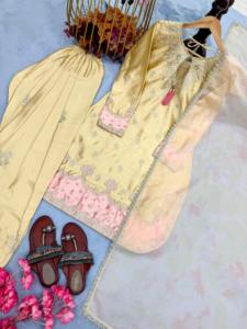 Lancement d'un nouveau look de soirée design en pur satin japonais, ensemble haut et palazzo Farshi avec dupatta, tissu haut de gamme en soie satinée japonaise. - Product Image 6