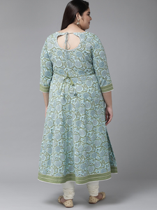 Kurti Anarkali en coton bleu avec col rond et manches trois quarts pour femmes grandes tailles, tenue élégante pour tous les jours - Product Image 2