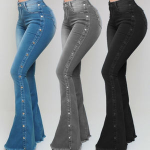 HAMIO SPORTS Customized European American Women's High <b>Waist</b> Wide Leg <b>Elastic</b> Denim Pants Breathable Waterproof Eco-Friendly - Product Image 3