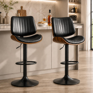 Tabouret de bar pivotant rembourré avec dossier nervuré, base extra large et repose-pieds, chaise de comptoir réglable pour bar à domicile - Product Image 2