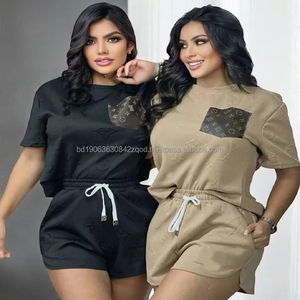 Jacquard Knit Cotton Spandex Women's Y2K 2-Piece Shorts & <b>Top</b> T-shirt Set for Summer Outdoor & Beachwear Wholesale in Stock - Product Image 6