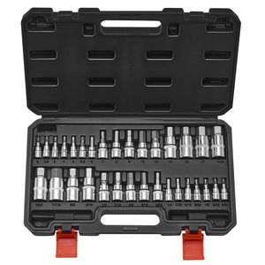 Set di 32 Pezzi di Bussole Esagonali in Acciaio S2 e Acciaio CrV, Standard SAE e Metrico, Attacchi da 1/4", 3/8", 1/2" per Riparazioni con E - Product Image 1