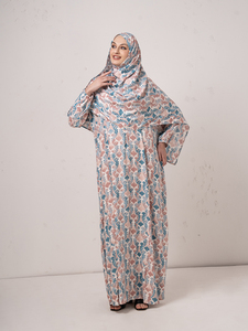 Abaya longue ouverte pour femme en mousseline florale avec ensemble hijab imprimé assorti, style malaisien, service OEM, double couche, attache avant, rose - Product Image 2