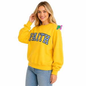 Sweat-shirt jaune oversize à col montant avec logo personnalisé brodé à l'avant, motif Gingham, en molleton de coton écologique, pour l'hiver et l'automne, vente en gros - Product Image 4