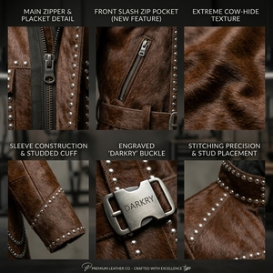 Custom Mens Brown Hairon <b>Leather</b> <b>Jacket</b> Supplier Wholesale Studded Longline Cowhide Outerwear Factory Exporter Manufacturing - Product Image 6