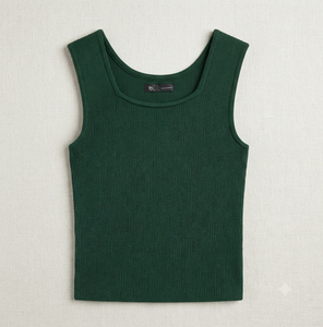 Women's Green Ribbed Knit Tank <b>Top</b> Scoop Neck Solid Color Formal Style Regular Length Polyester/Cotton Eco-Friendly Breathable - Product Image 1