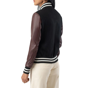 Unisex Varsity Jacket Black PU Leather Sleeve Stripes Turn-<b>down</b> Collar Regular Fit Casual Autumn Wear - Product Image 1