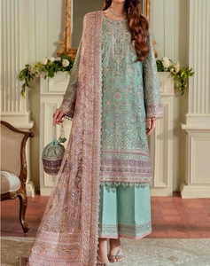 Costume pakistanais brodé gris bleu, 3 pièces, longueur au sol, shalwar kameez, vêtements de fête pour femmes - Product Image 6