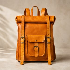 Vintage Mustard Leather <b>Roll</b> <b>Top</b> <b>Backpack</b> Travel Laptop Rucksack Casual Buckle Bag for Men Women Daily Use - Product Image 1