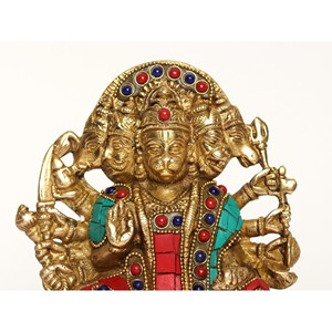 Sculpture en laiton artisanale de 6 pouces Lord Panchamukhi Hanuman avec travail d'incrustation complexe - Product Image 1