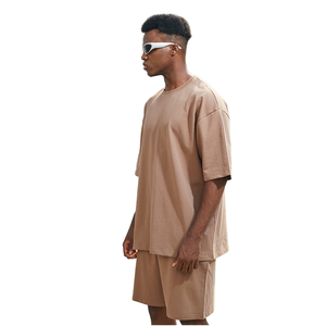 High Quality 100% Cotton <b>Knitted</b> Summer Breathable Unisex Oversized Crew Neck Custom Heavy Weight T-Shirt Shorts Two-Piece <b>Set</b> - Product Image 2