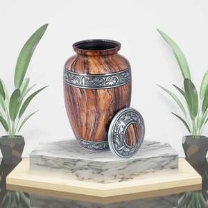 Urne funéraire en aluminium, grain de bois teck brun, bande argentée tulipe, pour cendres d'adultes, artisanat Uzair UHI-250 personnalisé - Product Image 5