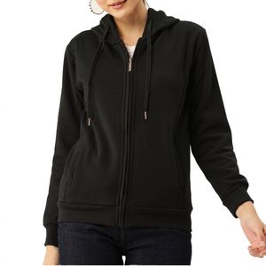 Women's <b>Hooded</b> <b>Zip</b>-Up Sweatshirt Solid Color Polyester/Cotton Fleece Knitted Breathable Full Sleeve Winter Wear Regular Fit - Product Image 6